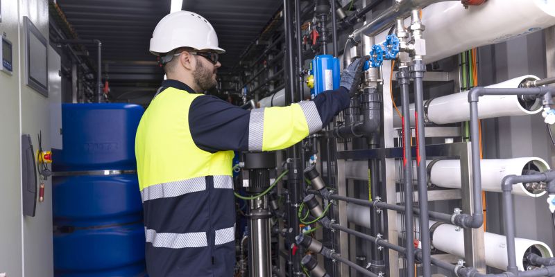 Tècnic treballant a la plataforma experimental de reutilització d'aigua a l'EDAR de Mataró. FOTO: Cedida