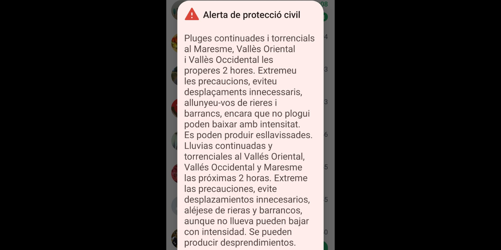 El missatge de Protecció Civil FOTO: TOT El missatge de Protecció Civil FOTO: TOT