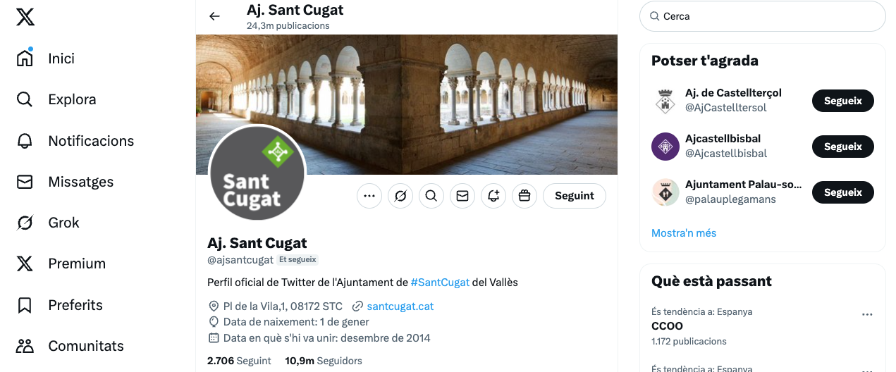 Una de les xarxes socials de l'Ajuntament de Sant Cugat. FOTO: @ajsantcugat