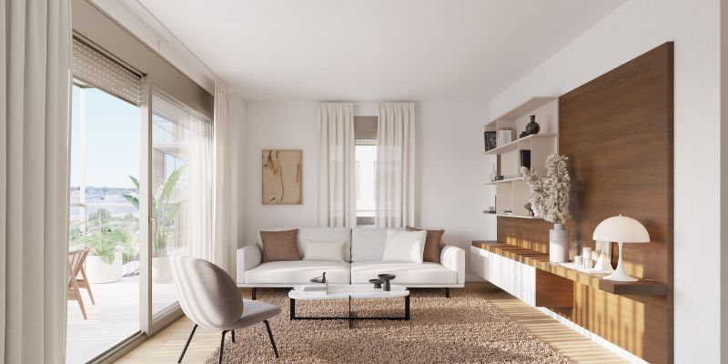 Saló-menjador en un habitatge de CULMIA Xaloc Parc de l'Alba. FOTO: Cedida