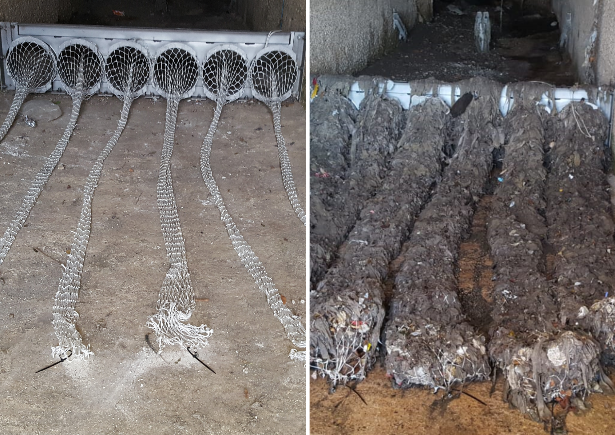 Sistema de retenció de residus instal·lat en un dels sobreeixidors de la xarxa de clavegueram a Tarragona, abans i després d'un episodi de pluges intenses. FOTO: Cedida