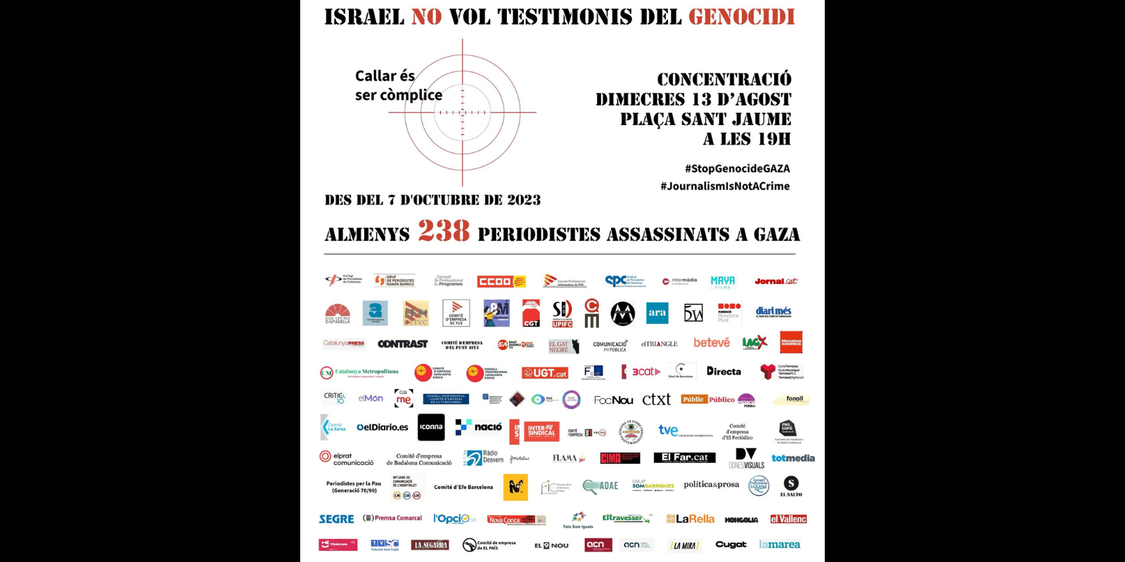 Cartell de la concentració de mitjans de comunicació contra l'assassinat de periodistes a Gaza. FOTO: Arxiu