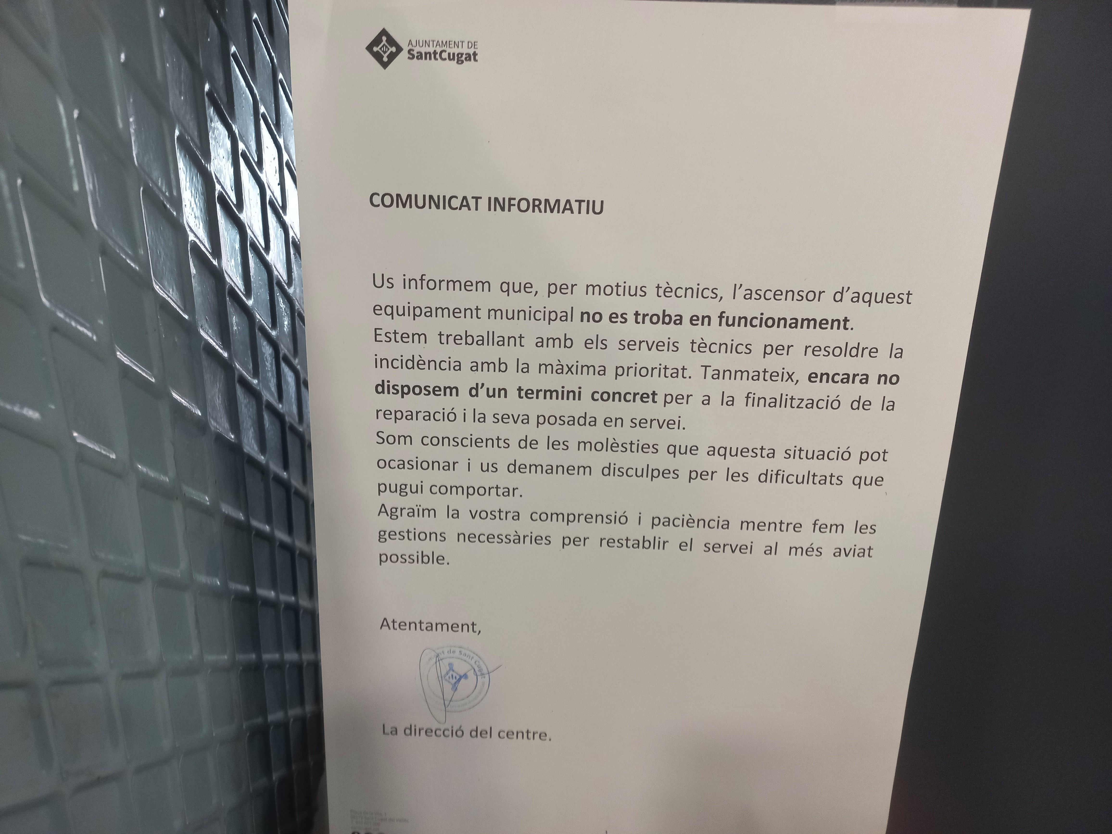 L'ascensor de la Casa de Cultura no funciona. FOTO: TOT Sant Cugat