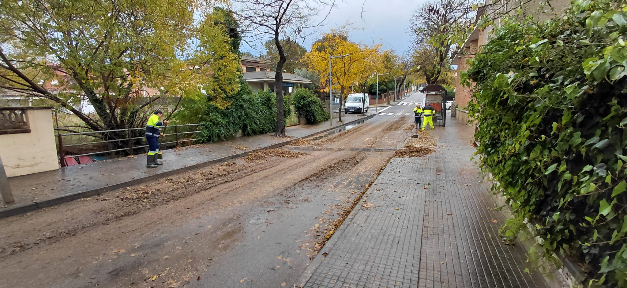 Operaris de l'Ajuntament treballant per netejar les fulles i sorra que ha deixat el temporat al passeid del Nard, Mira-sol. FOTO: Ceida