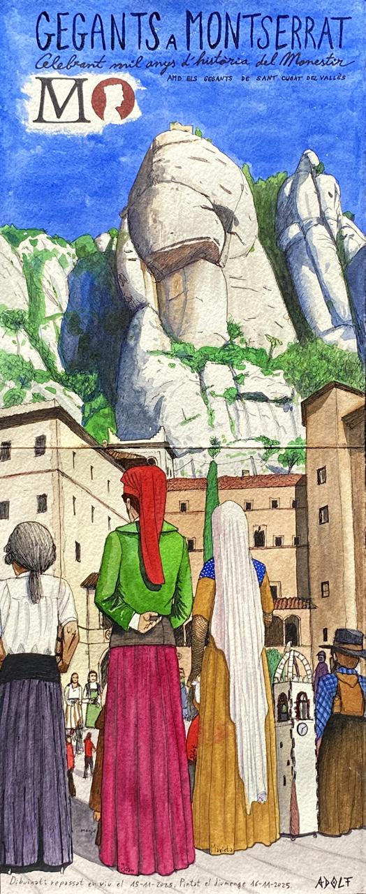 Dibuix de la trobada de geganters de Montserrat amb els gegants de Sant Cugat com a protagonistes. DIBUIX: Adolf Priante