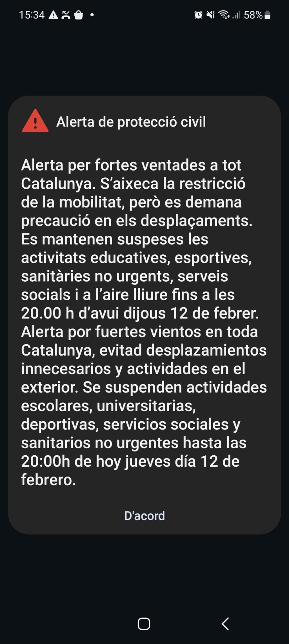 Missatge enviat per Protecció Civil. FOTO: TOT Sant Cugat