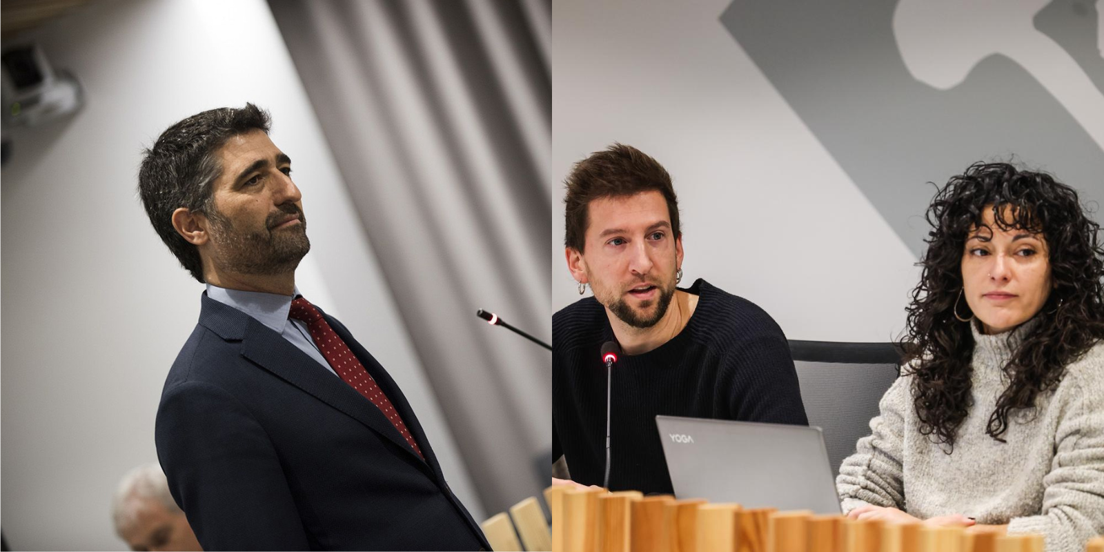 El tinent d'alcalde Jordi Puigneró (Junts) i els regidors de la CUP, Marco Simarro i Ariadna Sierra, en diferents plens municipals. FOTO: TOT Sant Cugat