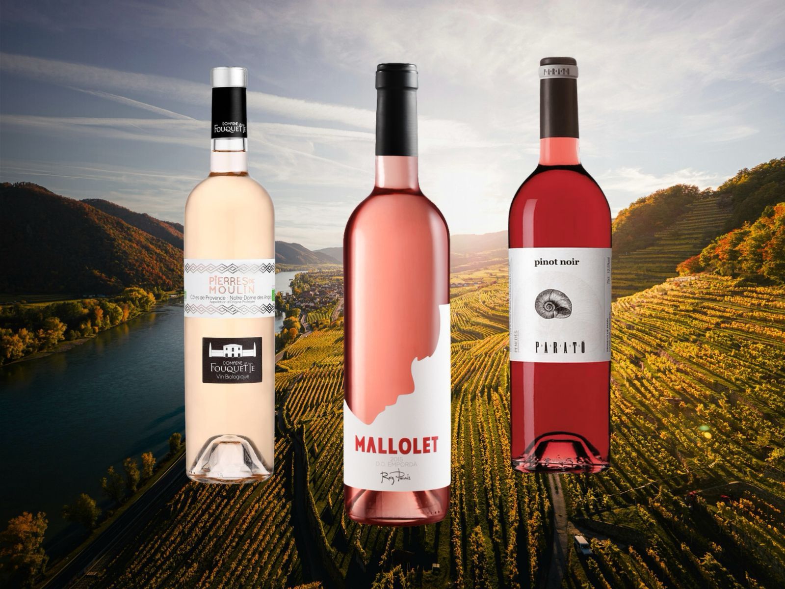 Els tres vins rosats: Rosé Cuvée Pierres de Moulin 2025, Mallolet Rosat 2024 i Parató 2024 Pinot Noir FOTO: Cedida