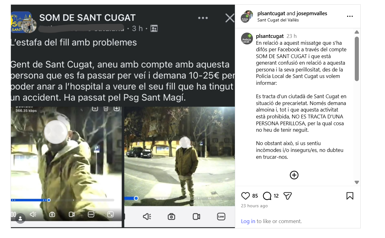 Captura del comunicat de la Policia Local a Instagram.