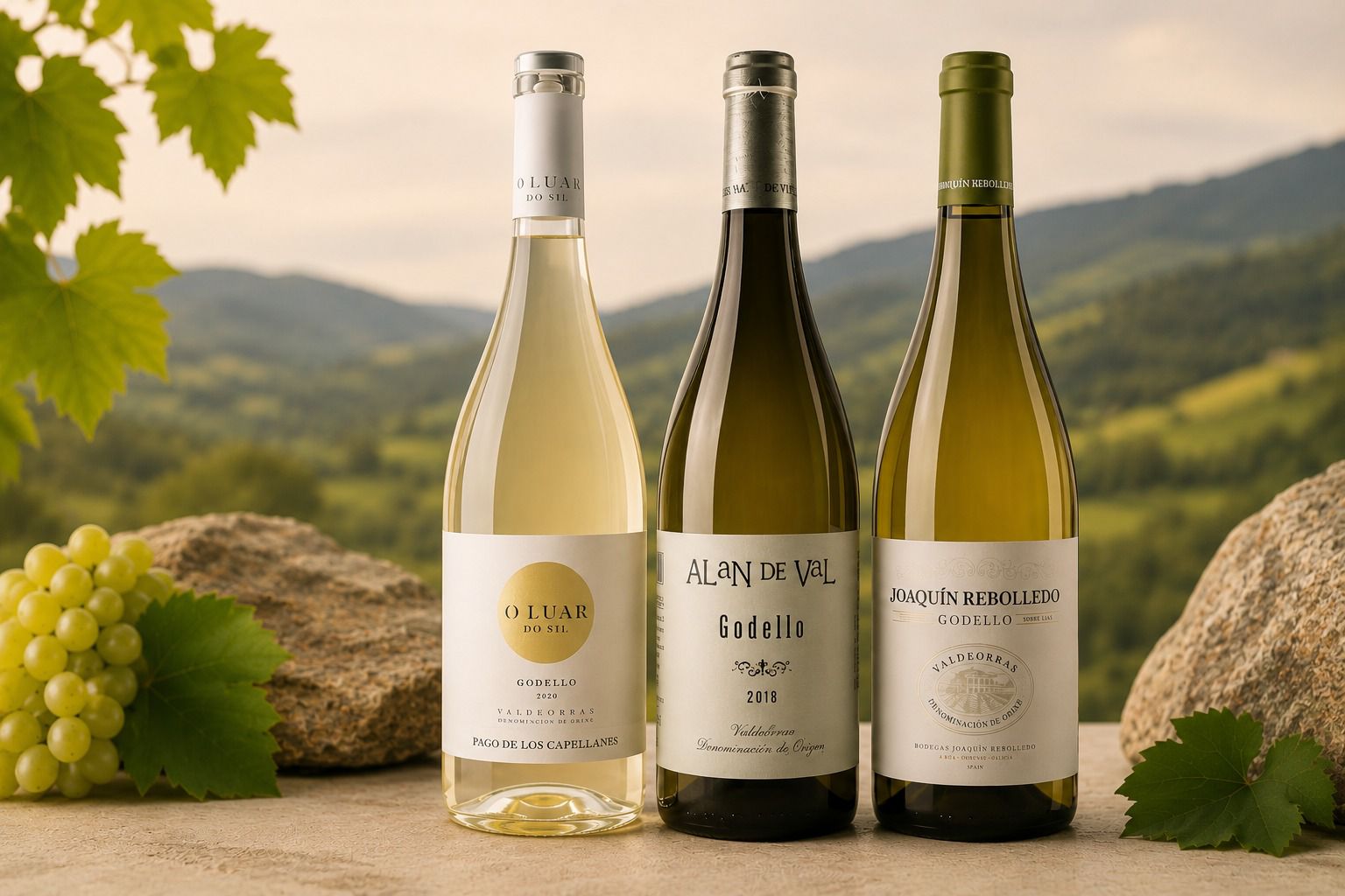 Els vins Joaquín Rebolledo, Alan de Val i Luar do Sil, tots tres elaborats amb el fruit de les seves pròpies vinyes FOTO: Cedida