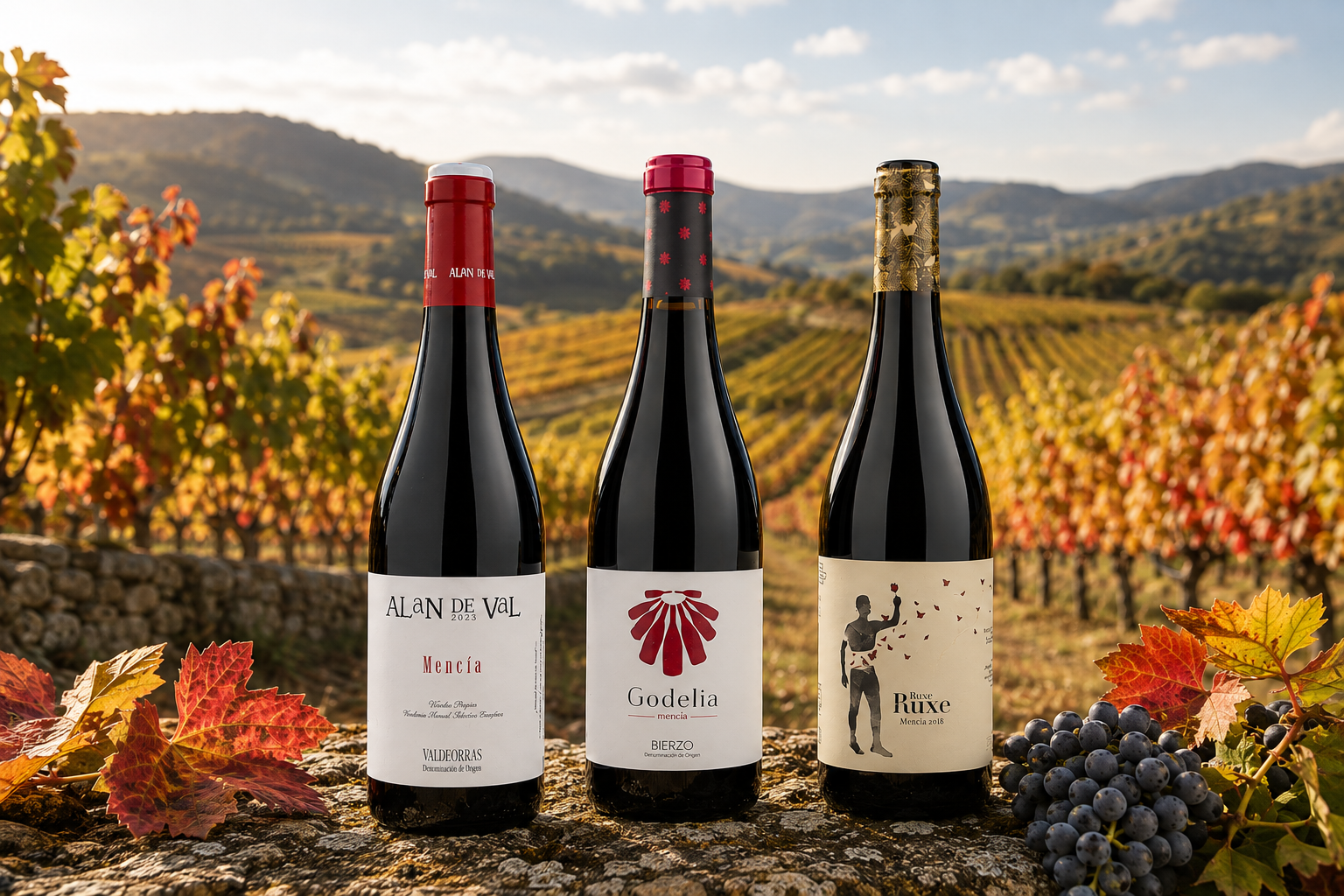 Els tres vins de la varietat Mencía procedents del Bierzo, Valdeorras i Ribeira Sacra FOTO: Cedida