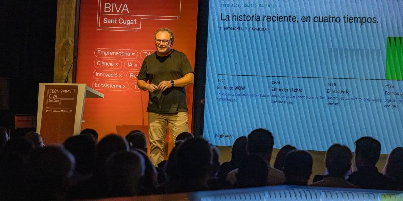 Aleix Valls, WeAi, durant la primera ponència del Tech Spirit a Sant Cugat. FOTO: AJuntament